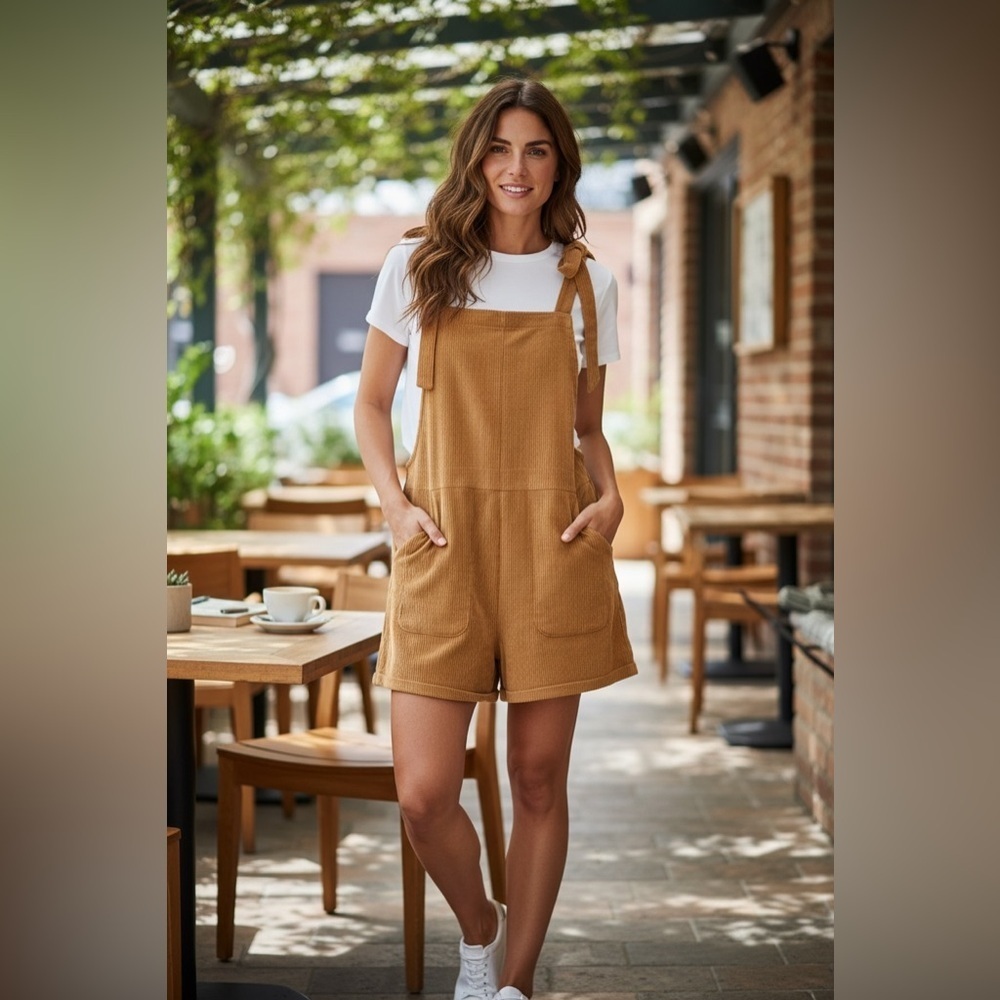 Corduroy Tie Knot Strap Overall Shorts Pocket Jumpsuit Brown S